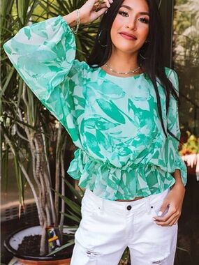 Olivaceous Green Floral Ruffle-Hem Blouse w/ Long Sheer Sleeves Medium NWOT